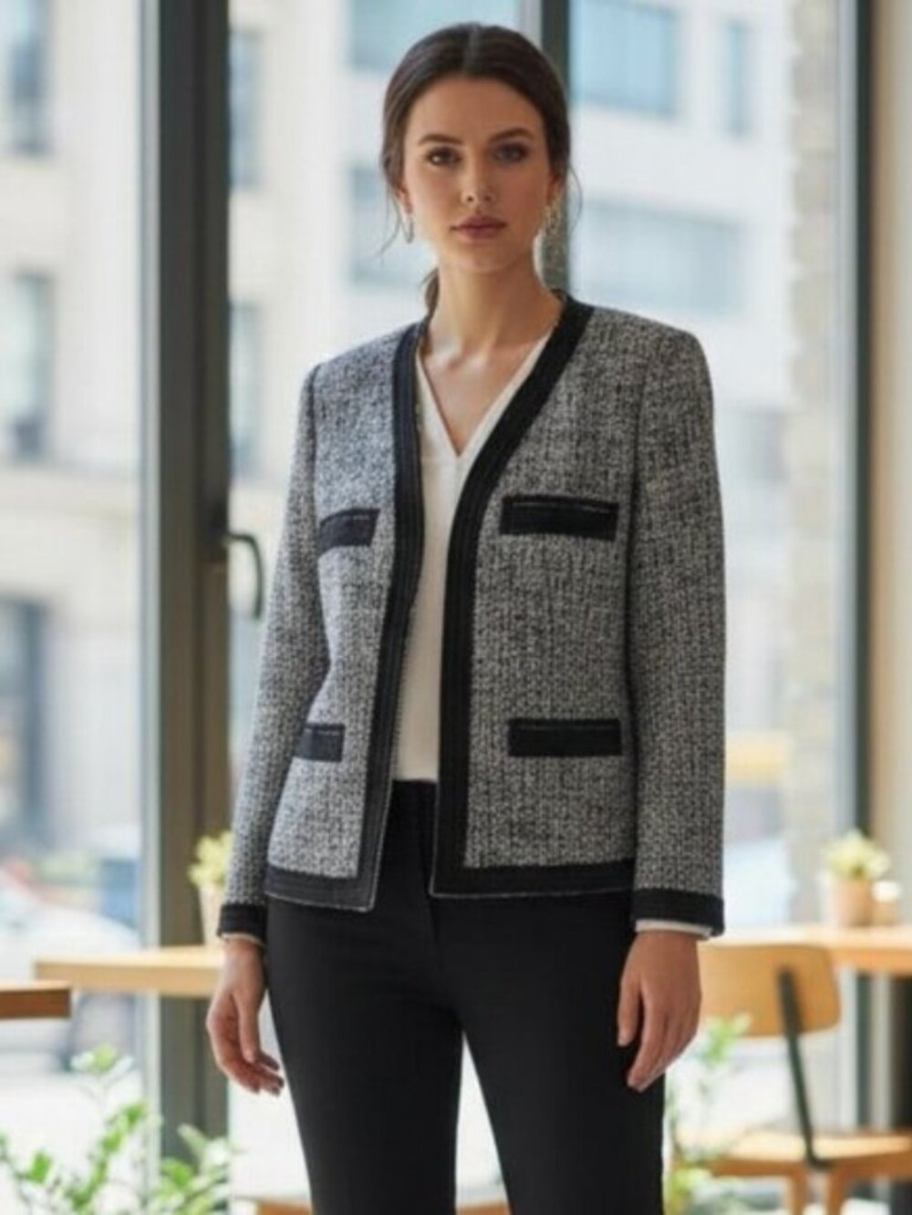MICHAEL KORS Tweed Blazer 10 M Cropped Black Blue Boucle Jacket Blazer